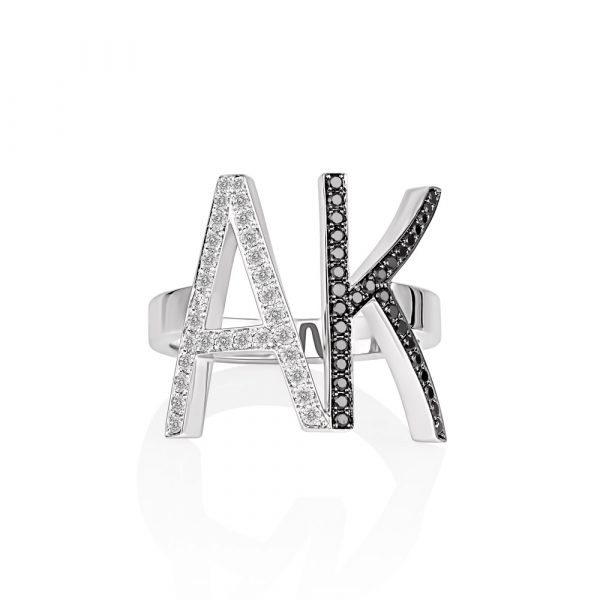Black and white diamond double initial ring