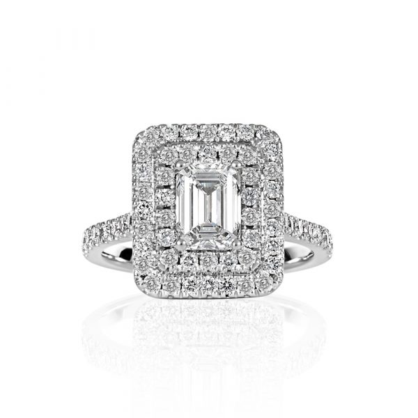 Emerald Cut Double Halo Pave Engagement Ring